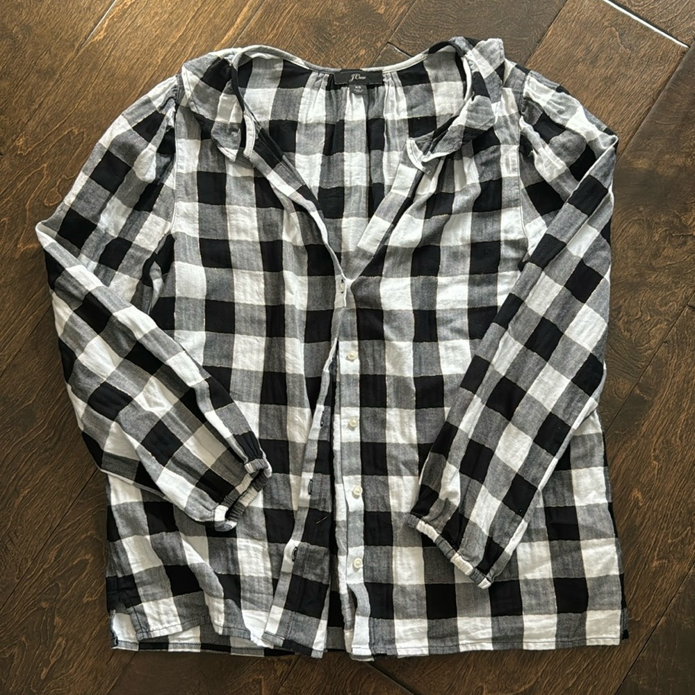 J. Crew Black White and Gold Plaid Button Up Ruffled Collar V-Neck Top